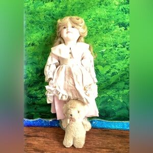 Pink and White Doll with Teddy Bear